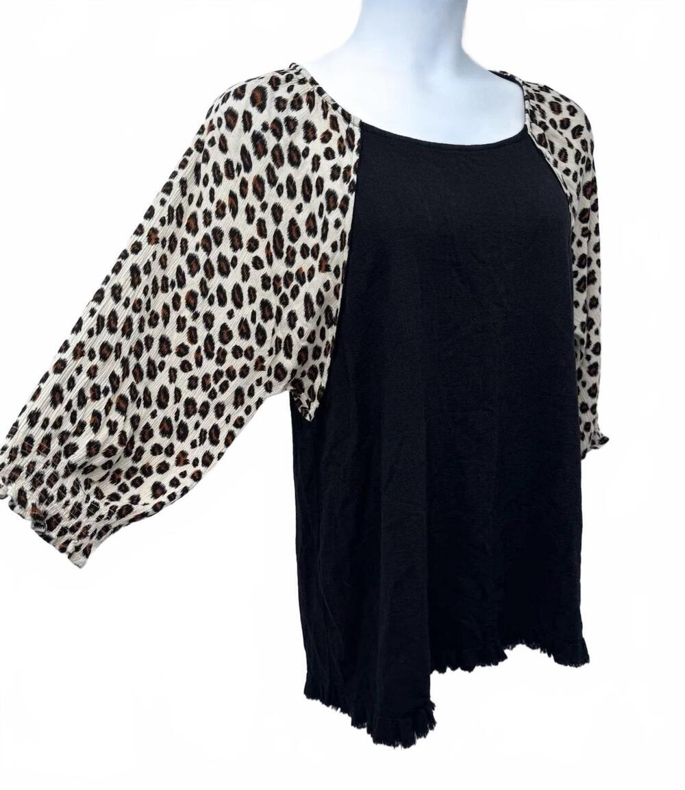 NEW UMGEE women's sleeve leopard linen blend tunic top in black